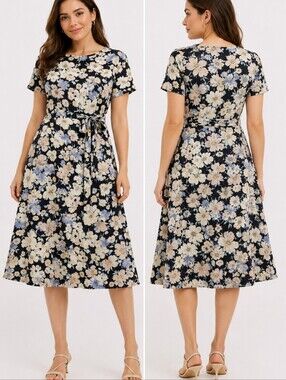 Bobeau Floral Tie Waist Midi Dress Black Blue Cream Size S